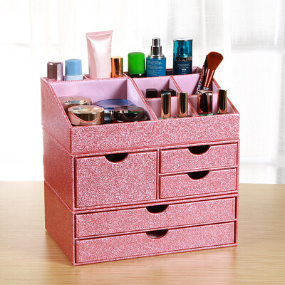 

Yapi Shi leather cosmetics storage box large makeup box jewelry storage cabinet without cover desktop finishing box skin care products multi-layer lipstick storage box three-piece set of powder