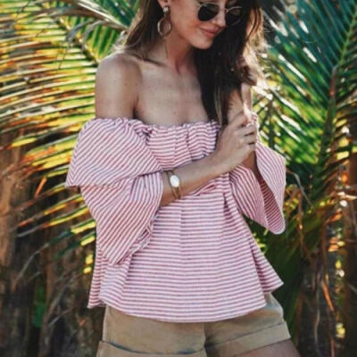 

US Womens Sexy Summer Off Shoulder Tops Casual Party Shirt Cotton Stripe Blouse