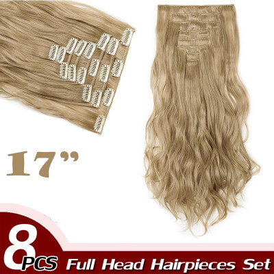 

17" Curly Hair Full Head Clip in Hair Extensions Synthetic 8 Piece 18 Clips Hairpiece Long Wave Trendy Design for Women