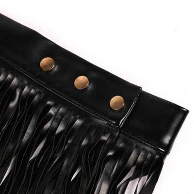 

Womens Lady Black Hippie Boho Fringe Tassel PU Leather Mini Dance Panty Skirt UK