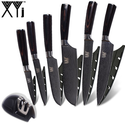 

XYj Kitchen Knives Stainless Steel Knife Imitation Damascus Pattern Fruit Santoku Santoku Chef Knife With Mini Knife Sharpener