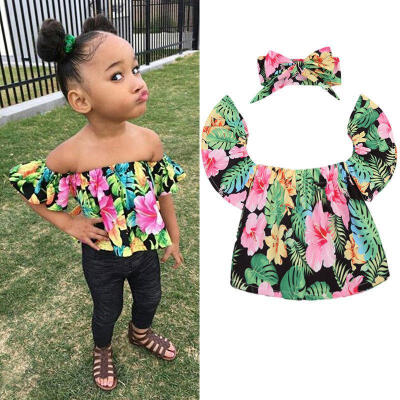 

US Floral Toddler Baby Girls Kids Off Shoulder Tops Shirt RomperHeadband Outfit