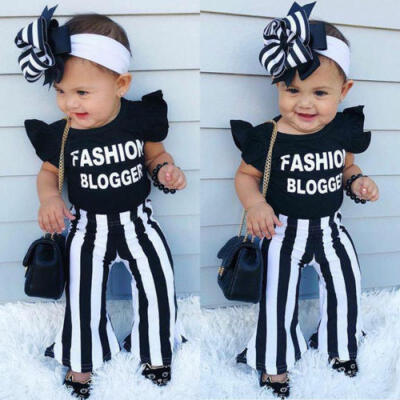 

US 2pcs Kids Baby Girls Summer Outfit Clothes T-shirt TopsFlared Striped Pants