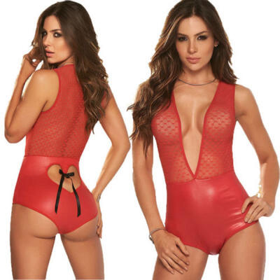 

AU Plus Size Lingerie Sexy Halter Leather PVC Babydoll Party Nightwear G-string
