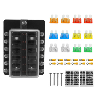 

32V Plastics Cover Fuse Box Holder M5 Stud With LED Indicator Light 12 Ways Blade for Auto Car Boat Marine Trike