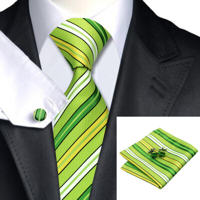 

N-0272 Vogue Men Silk Tie Set Green Stripes Necktie Handkerchief Cufflinks Set Ties For Men Formal Wedding Business wholesale