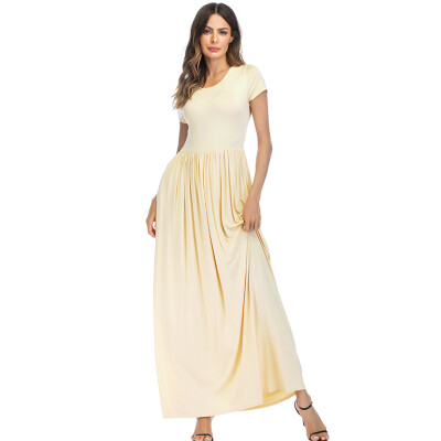 

Elegant Women Maxi Long Dress Short Sleeves O-Neck Pockets Party Evening A-Line Dresses