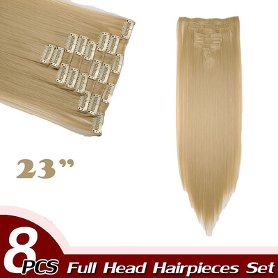 

17" Straight 8 Pcs Full Head Clip in Hair Extensions Synthetic 8 Piece 18 Clips Hairpiece Long Straight for Women