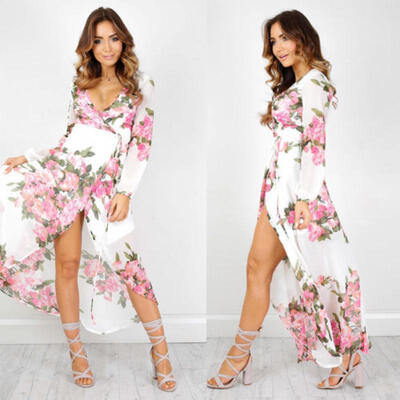 

Plus Size Slit Sleeve Floral Maxi Dress Women Long Sleeve Deep V-Neck Sexy Dress