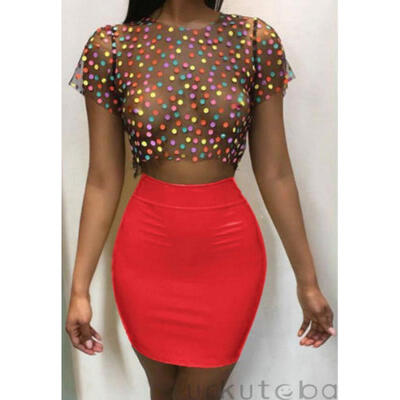 

Womens Short Sleeve Polka-dot Crop Tops Bodycon Skirts Suits Plus Size S-3XL