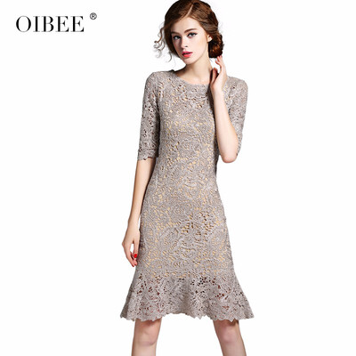 

2018 autumn new womens fashion temperament lace elegant slim slimming five-point sleeves long dress