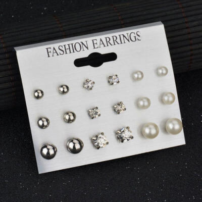 

UK New 9 Pair Rhinestone Crystal Pearl Earrings Set Women Ear Stud Jewelry Gift