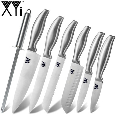 

XYj 7 Pcs Stainless Steel Kitchen Knives Set Bend Handle Sharp Blade Knife with Knife Sharpener Rod Kitchen Tools