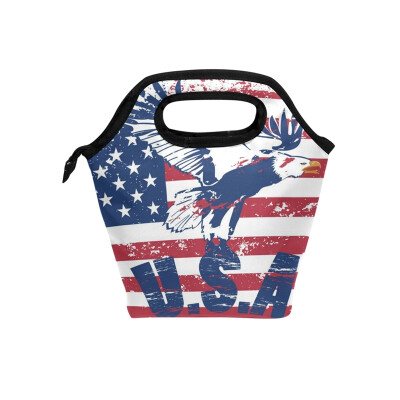 

Insulated Lunch Tote Bag USA Flag Travel Picnic Lunch Handbags Portable Zipper Lunch Bag Box