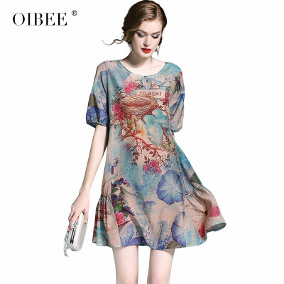 

OIBEE2018 new womens summer print short-sleeved large swing dress loose large size was thin A word skirt tide