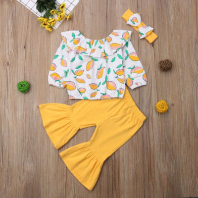 

Kids Baby Girl Off Shoulder Lemon Tops Flared Pants Headband Outfit Clothes 1-6Y