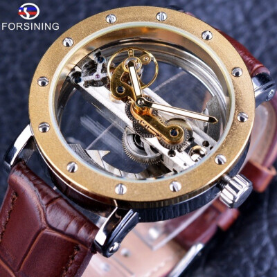 

Forsining Legend Transparent Genuine Brown Leather Belt Fashion Casual Design Men Skeleton Automatic Watch Top Brand Luxury