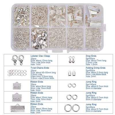 

PH PANDAHALL 400pcs 6 Style Jewelry Findings Sets With Ribbon Ends & Jump Rings & Twisted Chains