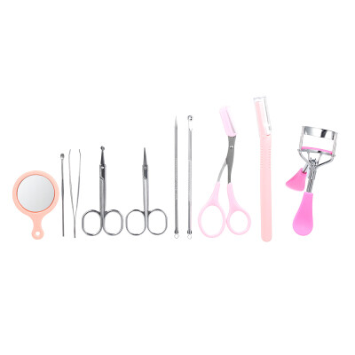 

10pcsset Eyebrow Tools Kit Tweezers Trimmer Scissors Razor Eyelash Curler Mirror Earpick Acne Pin Extractor