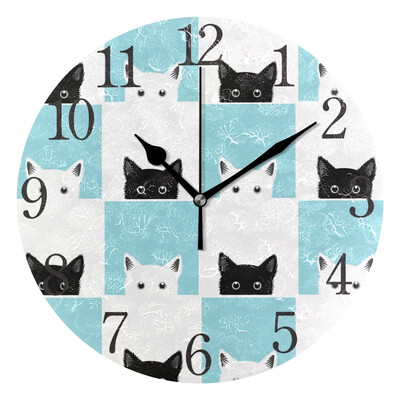 

Wall Clock Arabic Numerals Design Black White Blue Cat Round