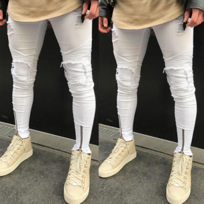 

Mens Boy Bodycon Skinny Runway Straight Elastic Denim Pants Destroyed Jeans USA