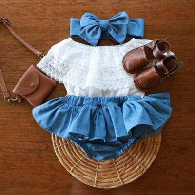 

UK Newborn Toddler Baby Girl Lace Ruffled TopsDemin Shorts Dress 3Pcs Outfits