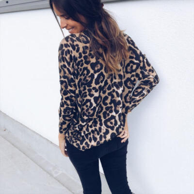 

US Women Leopard Tops Long Sleeve V-Neck Autumn Cotton Casual T-Shirts Blouses