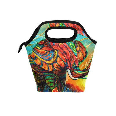 

Lunch Tote Bag Colorful Elephant Travel Picnic Insulated Lunch Handbags Portable Zipper Lunch Bag Box