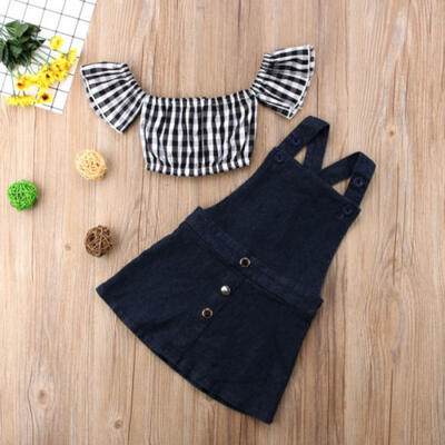

2PCS Toddler Kids Baby Girl Plaid Flutter Sleeve Tops Demin Strap Dress Outfits