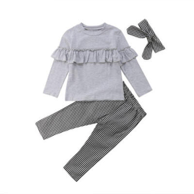 

3Pcs Toddler Kids Baby Girl Cotton Ruffle Plaid Tops Long Pants Outfits Clothes