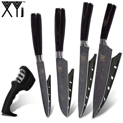 

XYj Stainless Steel Kitchen Knife Damascus Veins Blade Kitchen Knife Set With Knife Sharpener 5 piece set