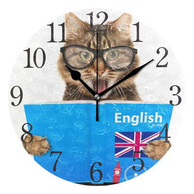 

1Wall Clock Arabic Numerals Design Cat Reading English Book Round