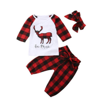 

AU Christmas Newborn Baby Boy Girl Deer Plaid Tops Bow Pants 3Pcs Outfit Clothes