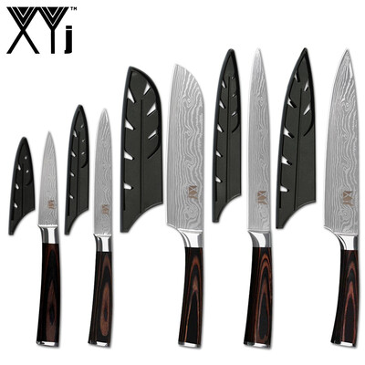 

XYj Stainless Steel Knives Set 5PCS Knife Covers Damascus Veins Blade Chef Slicing Santoku Utility Paring Knife