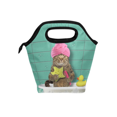 

Insulated Lunch Tote Bag Bath Cat Travel Picnic Lunch Handbags Portable Zipper Lunch Bag Box