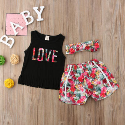 

Canis Baby Girls Love Black Tops VestFlower Shorts 3pcs Outfits Set Clothes