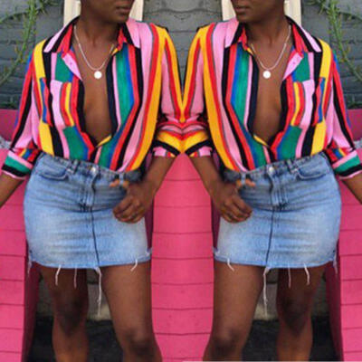 

Women V Neck Long Sleeve Stripes Career Shirt Loose Plus Blouse Top Size S-2XL