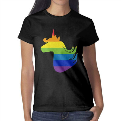 

Pink Unicorn Rainbow with Star Womens Black t Shirts Vintage Pretty Women Cotton tee Shirt