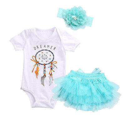 

0-24M Newborn Baby Girls 3pcs Set Romper Dress Bodysuit Headband Outfit Clothes