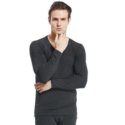 

Modal mens round neck Qiuyi Qiuku men&women de velvet high elastic fever base warm underwear set hemp black L