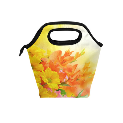 

Lunch Bag Yellow Flower Tote Travel Picnic Insulated Handbags Portable Zipper Lunch Bag Box
