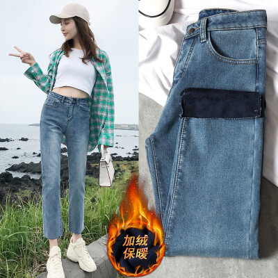 

Jeans women 2018 autumn&winter Korean version with fleecy thickened warm gangfeng slim straight trousers