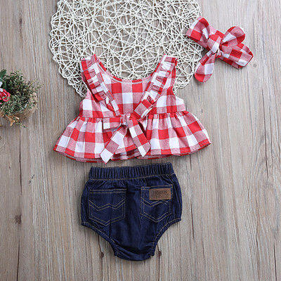 

3pcs Kids BabyGirls Plaid Outfit Tops VestDenim Shorts Summer Clothes UK Stock