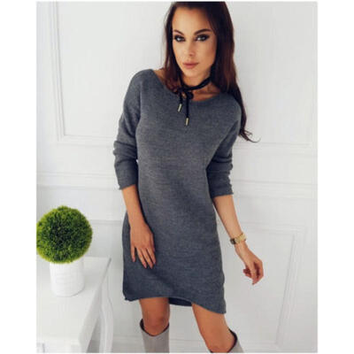 

Jumper Long Sweater Tops Ladies Women Round Neck Knitted Tunic Mini Dress