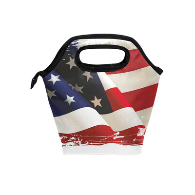 

Insulated Lunch Tote Bag USA Flag Travel Picnic Lunch Handbags Portable Zipper Lunch Bag Box