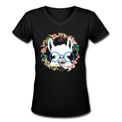 

Womens Cool Llama With Sunglass V-Neck Cotton T-Shirts Shirts ComfortSoft Short Sleeve