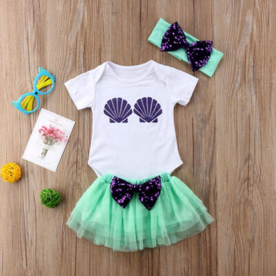 

3PCS Kids Baby Girl Shell RomperShort Dress Outfits Tutu Bowknot Skirts Summer