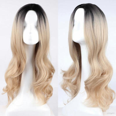 

Fashion Women Dark root Blonde Long Wavy Hair Wig Synthetic Full Wigs Cosplay