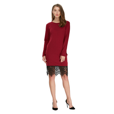 

Fashion Round Collar Long Sleeve Lace Spliced Sheath Bodycon Women Dress