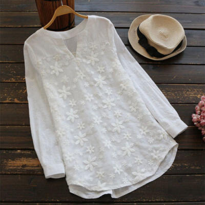 

Women Floral Lace Embroidery Long Sleeve Loose Baggy Top Shirt V-Neck Blouse Top